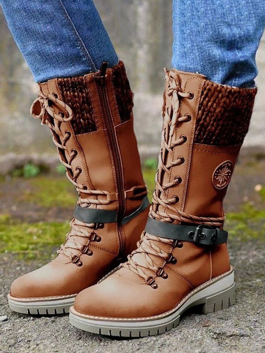 Shoes zolucky | Retro Casual Stitching Zipper Lace-Up Combat Boots