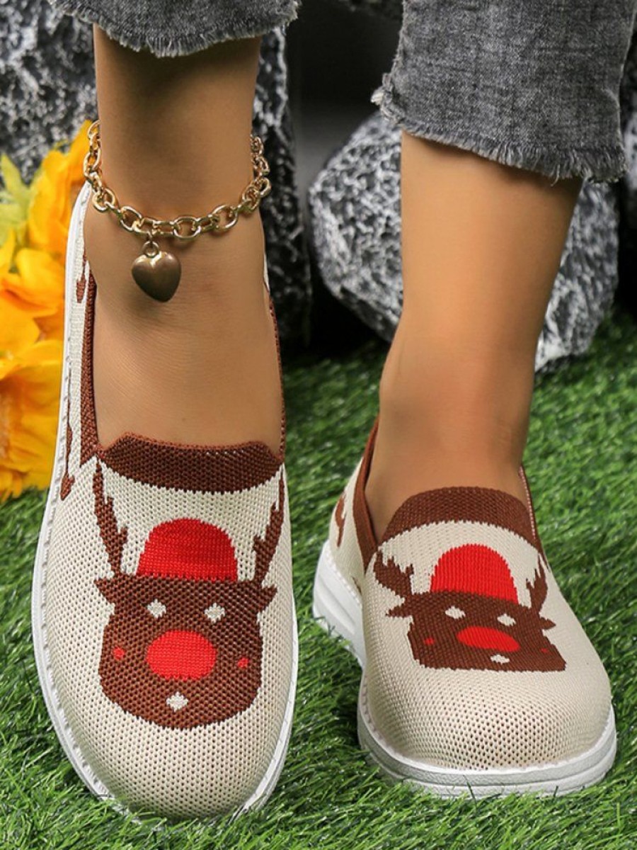 Shoes zolucky | Christmas Cartoon Elk Comfy Mesh Fabric Slip On Shoes Beige