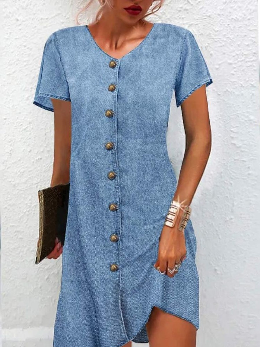 Dresses zolucky | Casual Denim Loose Buckle Dress