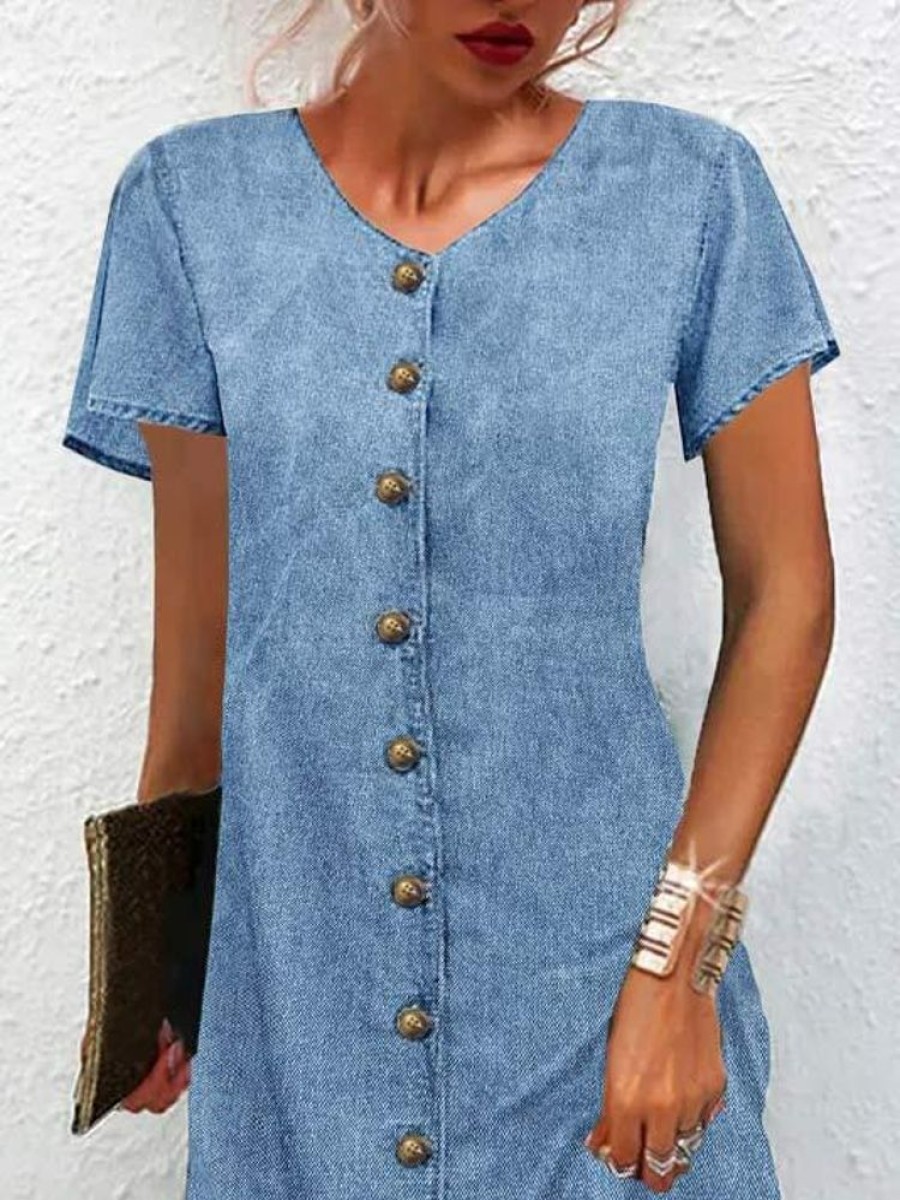 Dresses zolucky | Casual Denim Loose Buckle Dress