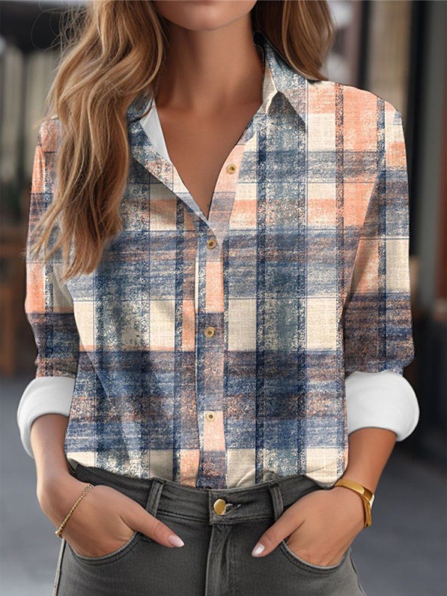 Topshot zolucky | Plaid Buckle Long Sleeve Casual Blouse Orange