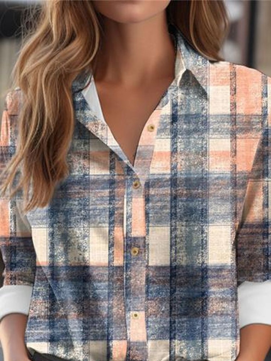 Topshot zolucky | Plaid Buckle Long Sleeve Casual Blouse Orange