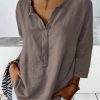 Topshot zolucky | Women'S V-Neck 3/4 Sleeves Plain Linen Shirt Gray