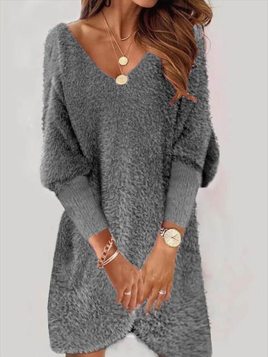 Dresses zolucky | Long Sleeve V Neck Casual Dress Gray