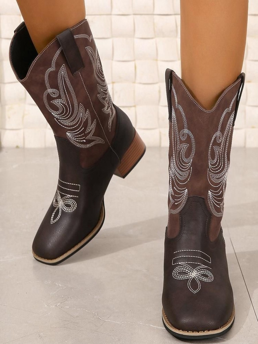 Shoes zolucky | Casual Pu Cowboy Boots Deep Brown