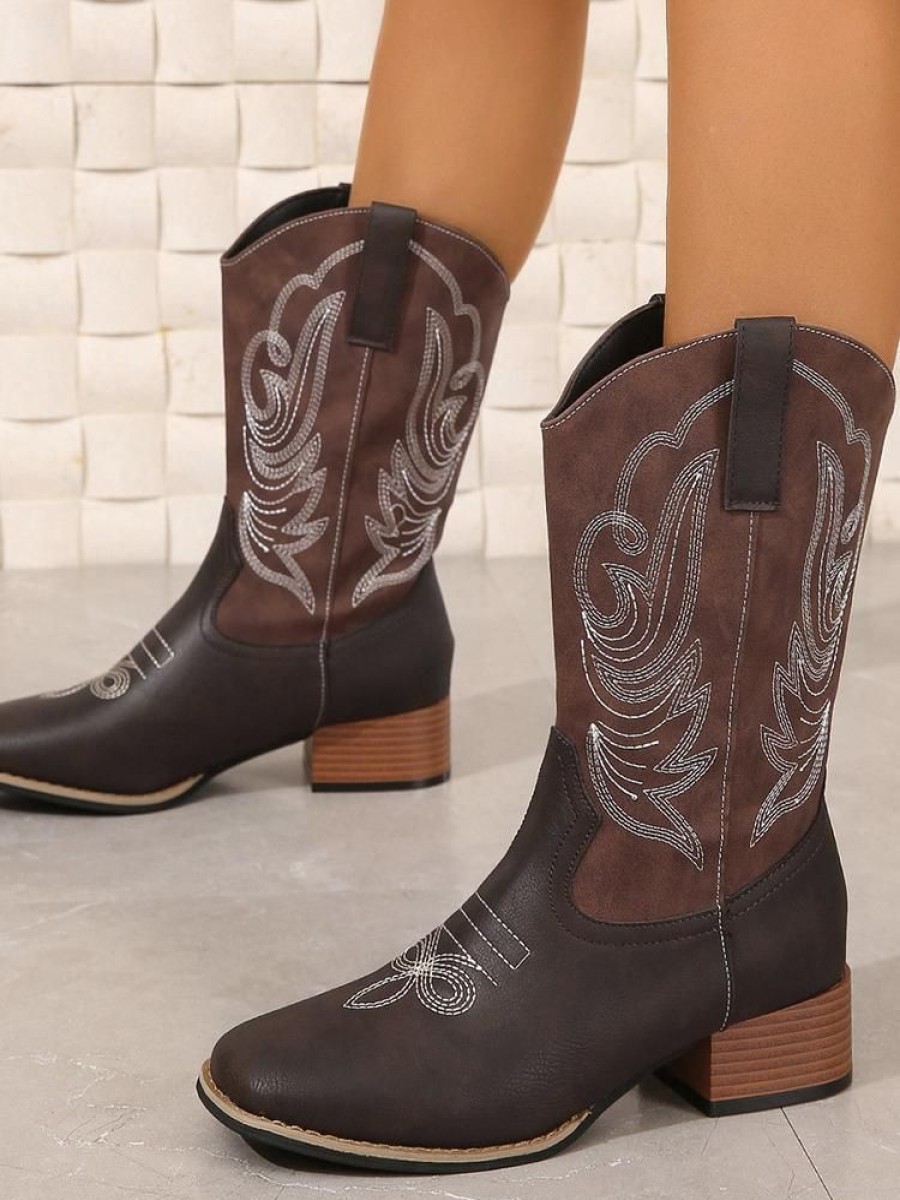 Shoes zolucky | Casual Pu Cowboy Boots Deep Brown