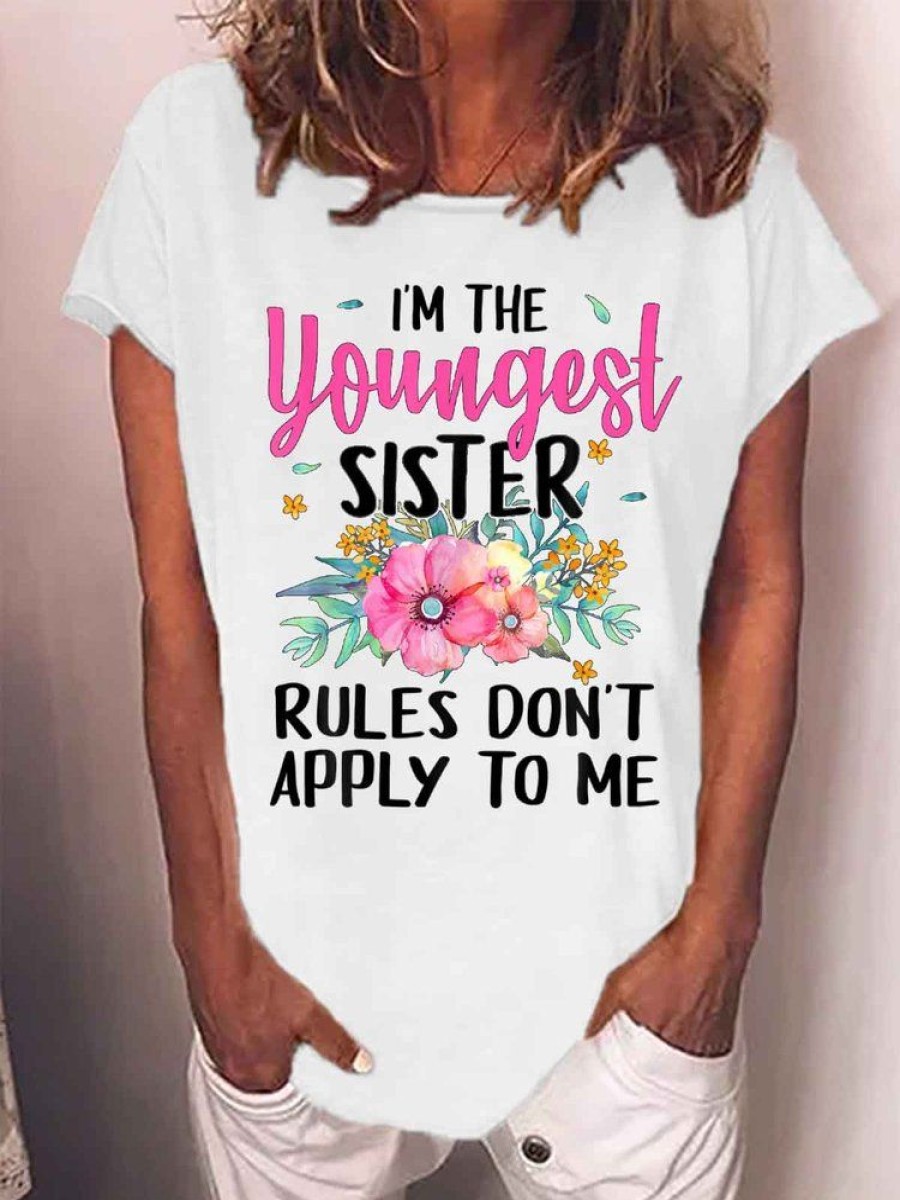 Topshot zolucky | Women'S I'M The Youngest Sister Rules Don‘T Apply To Me Funny Flower Graphic Printing Casual Text Letters Cotton-Blend Loose T-Shirt