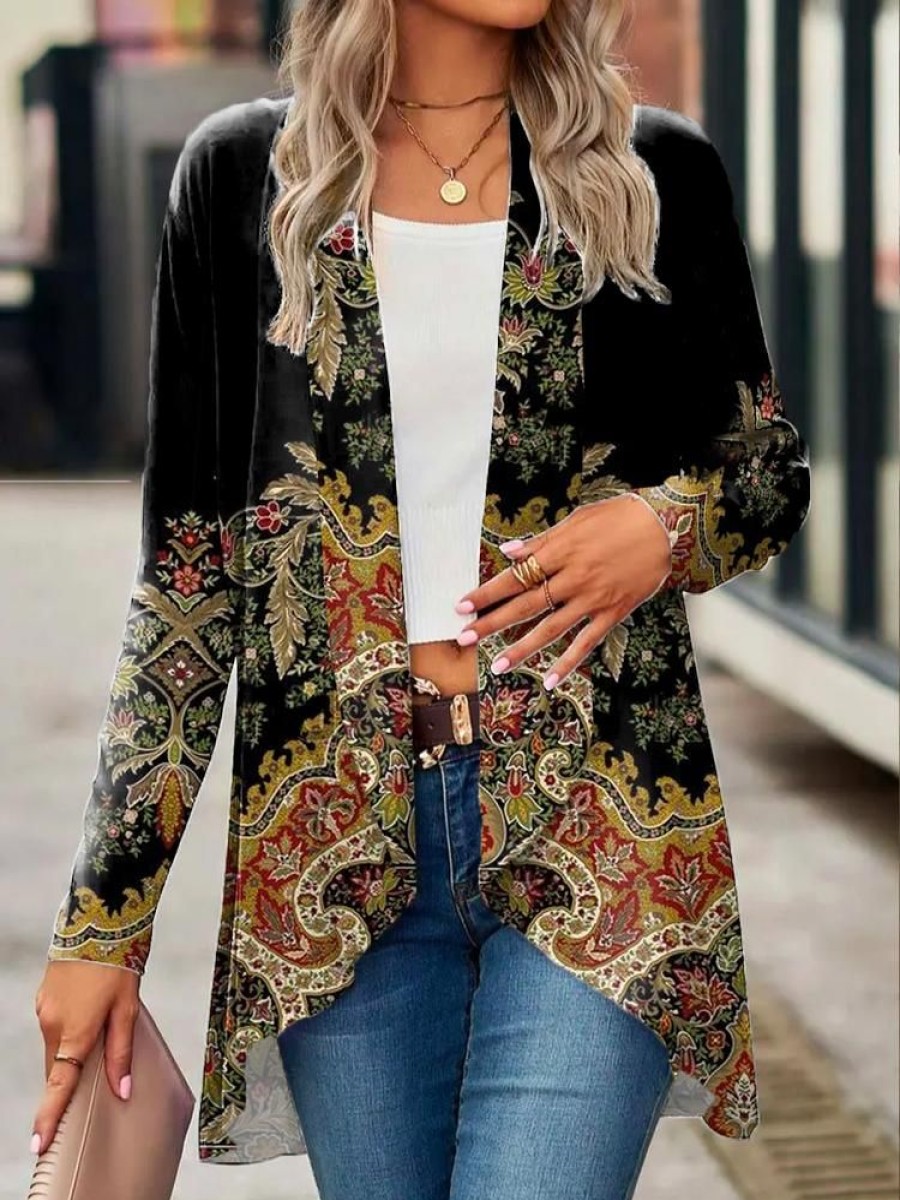 Outerwearshot zolucky | Vintage Ethnic Print Casual Loose H-Line Jersey Long Sleeve Kimono