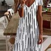 Dresses zolucky | Striped Loosen V Neck Short Sleeve Woven Dress Black-White