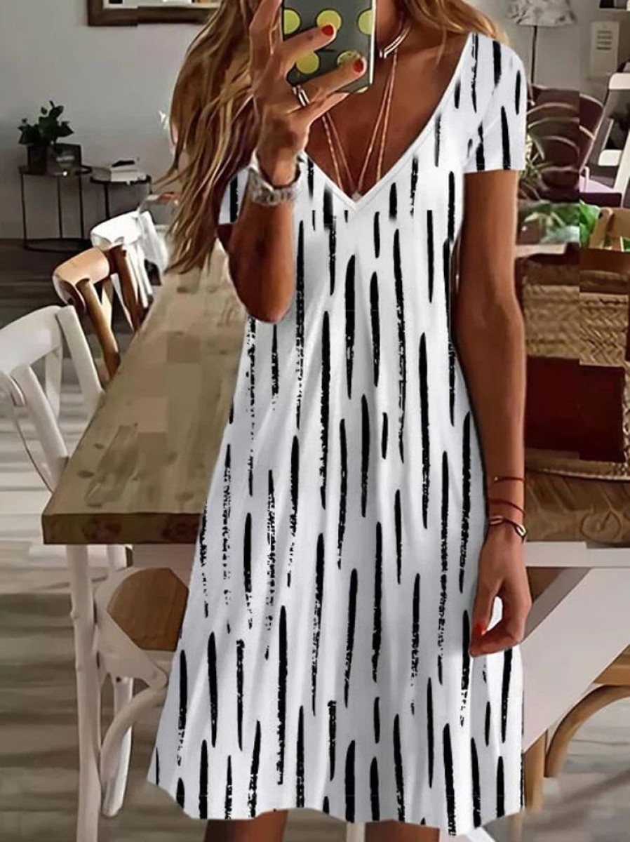 Dresses zolucky | Striped Loosen V Neck Short Sleeve Woven Dress Black-White