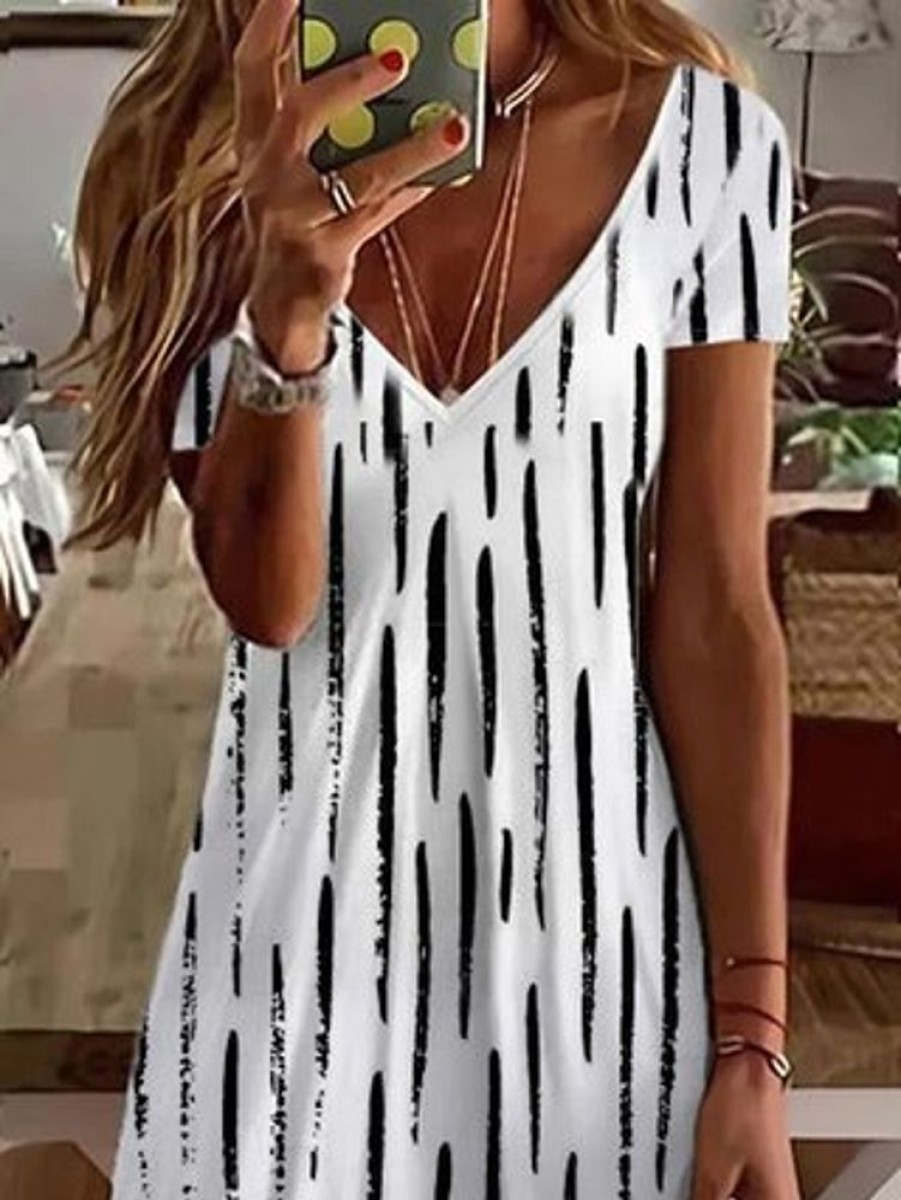 Dresses zolucky | Striped Loosen V Neck Short Sleeve Woven Dress Black-White