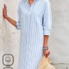 Dresses zolucky | Loose Casual Striped Shirt Collar Dress Blue