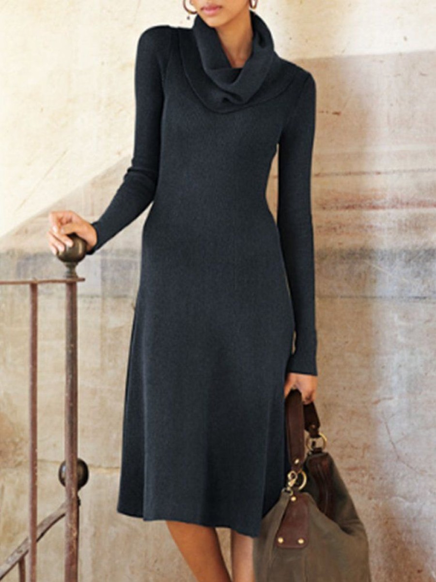 Dresses zolucky | Casual Plain Loose Long Sleeve Dress Black