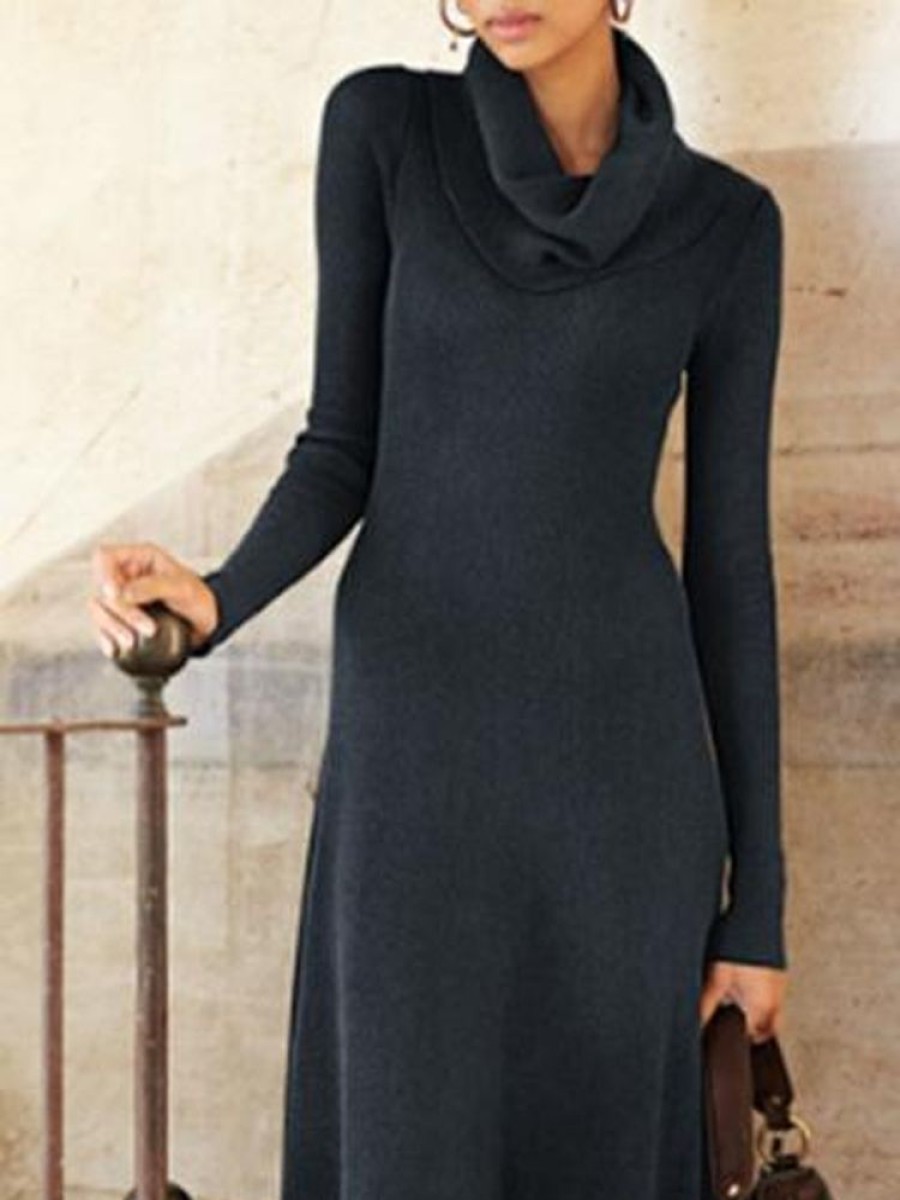 Dresses zolucky | Casual Plain Loose Long Sleeve Dress Black