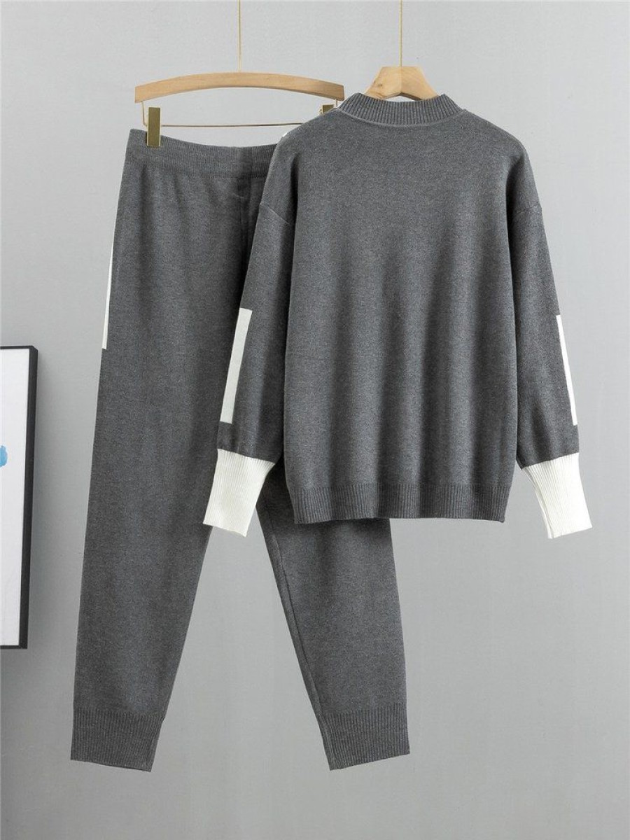 Bottoms zolucky | Yarn/Wool Color Block Crew Neck H-Line Long Sleeve Top With Pants Heavyweight Warmth Casual Two-Piece Set