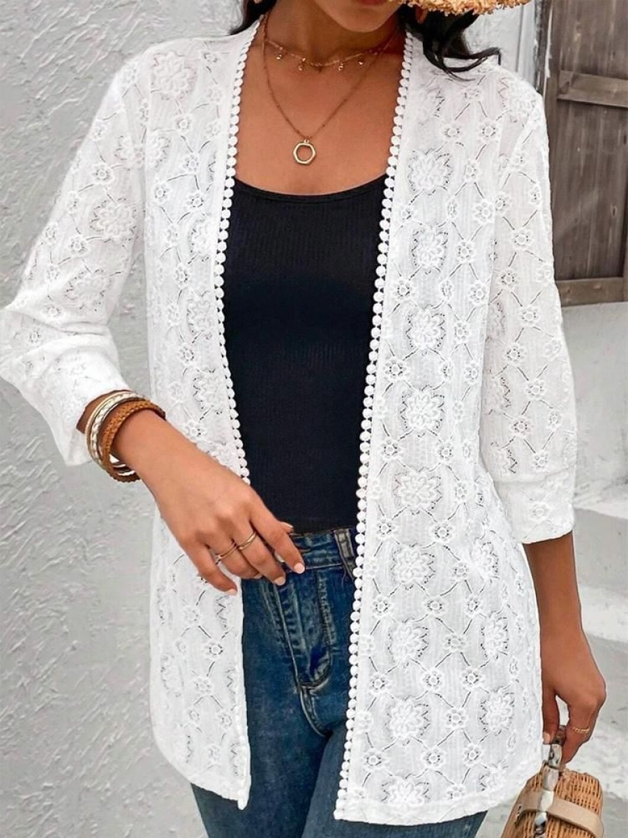 Outerwearshot zolucky | Casual Lace Three Quarter Sleeve Kimono White