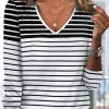 Topshot zolucky | Casual Loose Striped Printed V-Neck Long Sleeve T-Shirt Black-White