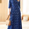 Dresses zolucky | Leaf Printed Casual Long Dress Blue