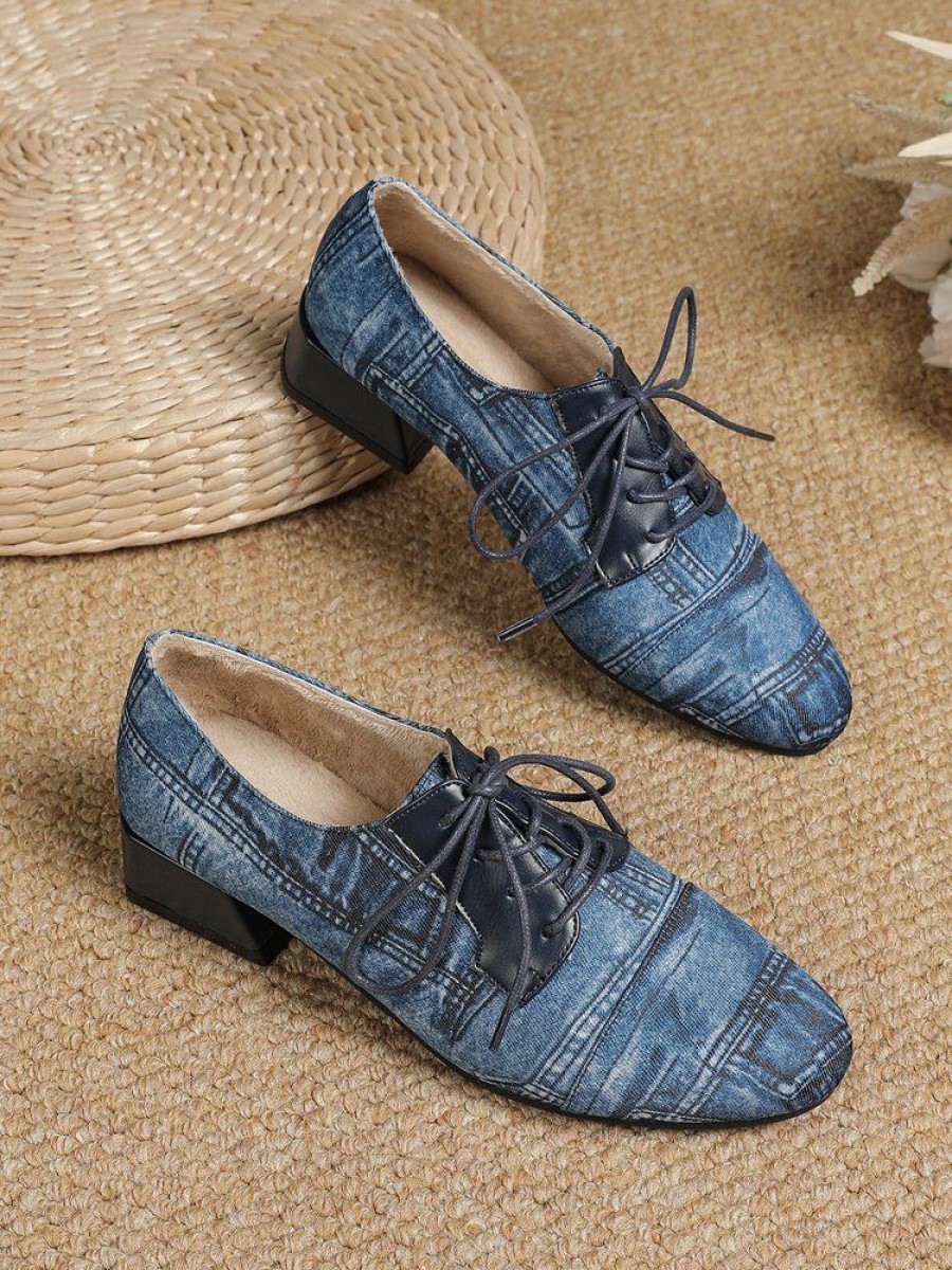 Shoes zolucky | Vintage Denim Paneled Warm Lined Lace Up Shoes Blue