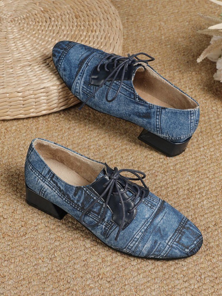 Shoes zolucky | Vintage Denim Paneled Warm Lined Lace Up Shoes Blue