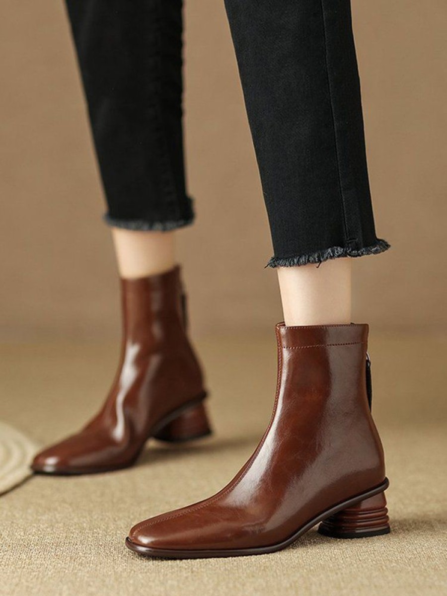 Shoes zolucky | Vintage Split Leather Shaped Heel Dress Boots