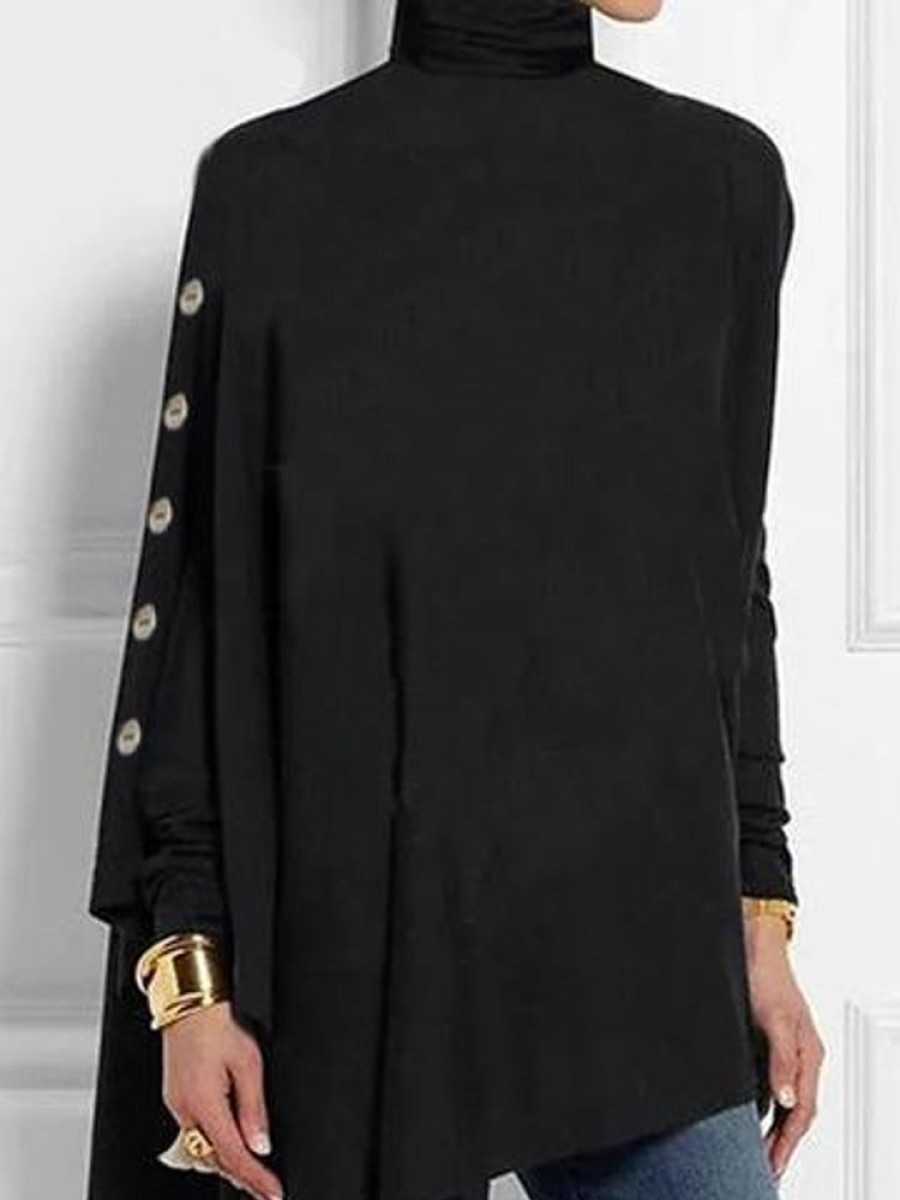 Topshot zolucky | Winter Casual Plain Buckle Jersey Turtleneck Tunic Long Sleeve H-Line Shirts Black