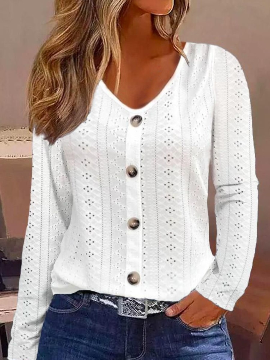 Plus&Curve zolucky | Plus Size V Neck Buttoned Plain Casual Shirt White