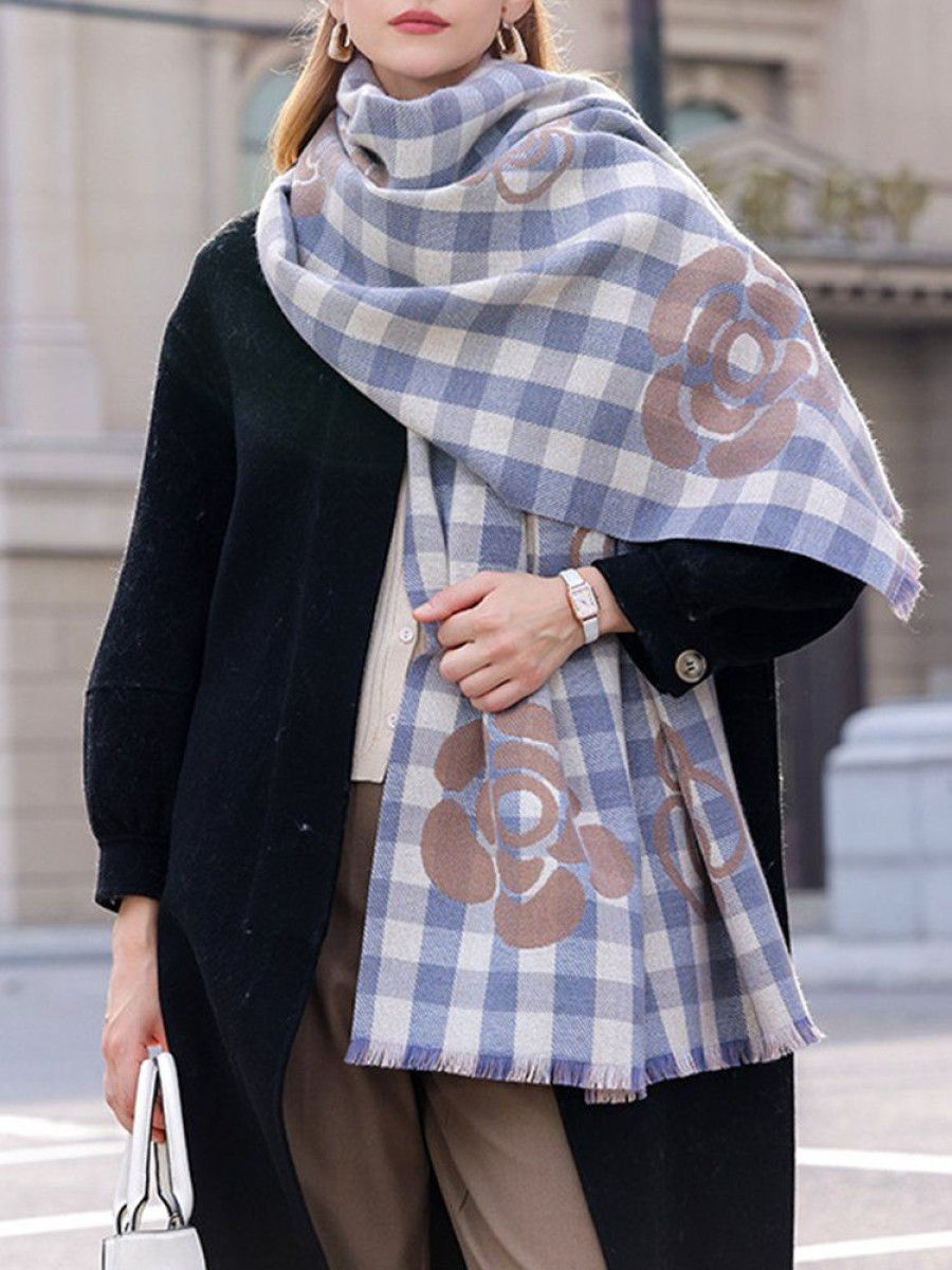 Accessories zolucky | Elegant Floral Plaid Fringe Imitation Cashmere Scarf