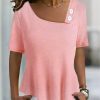 Topshot zolucky | Casual Plain Asymmetrical Short Sleeve Loose T-Shirt Pink