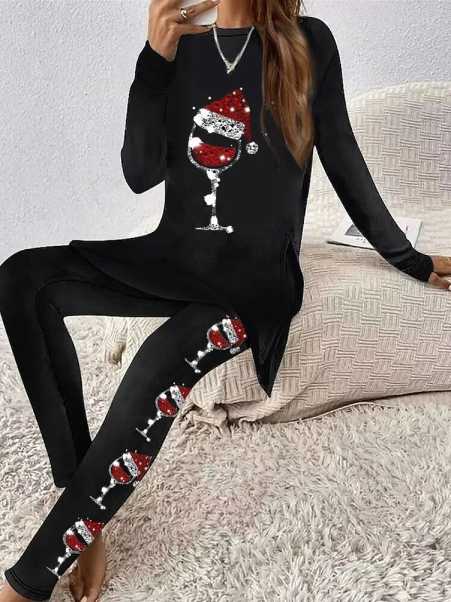 Bottoms zolucky | Christmas Wine Glass Jersey Casual Two-Piece Set Black