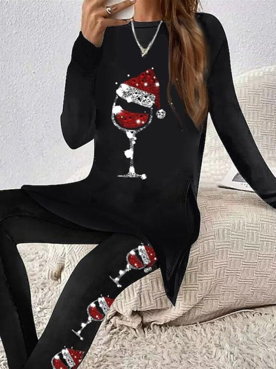 Bottoms zolucky | Christmas Wine Glass Jersey Casual Two-Piece Set Black