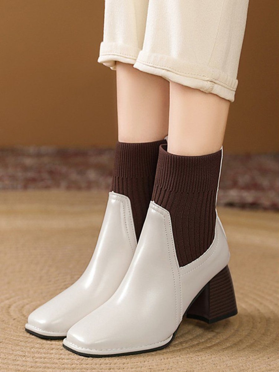 Shoes zolucky | Color-Block Knitted Paneled Square Toe Block Heel Slip On Chelsea Boots