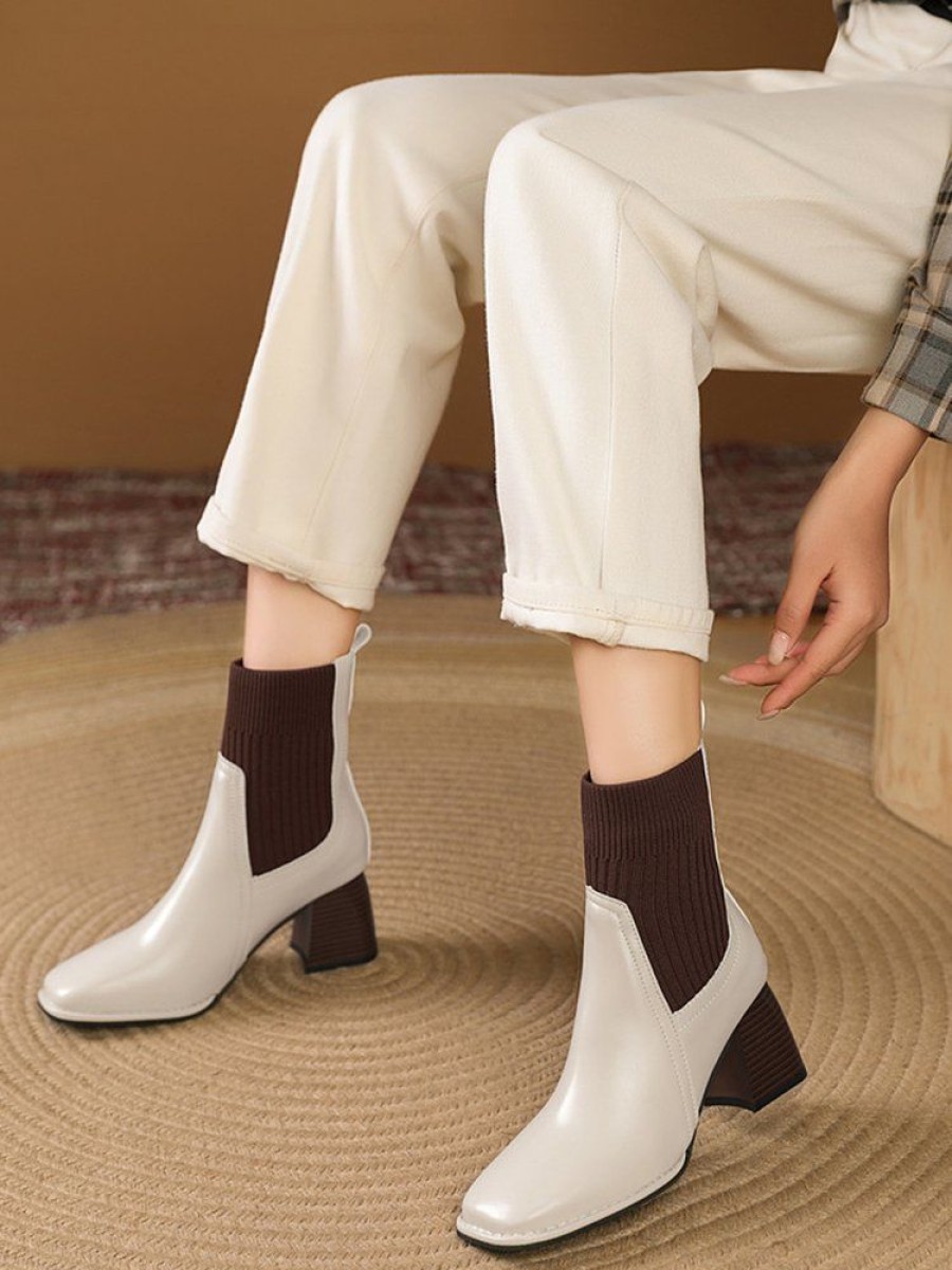 Shoes zolucky | Color-Block Knitted Paneled Square Toe Block Heel Slip On Chelsea Boots