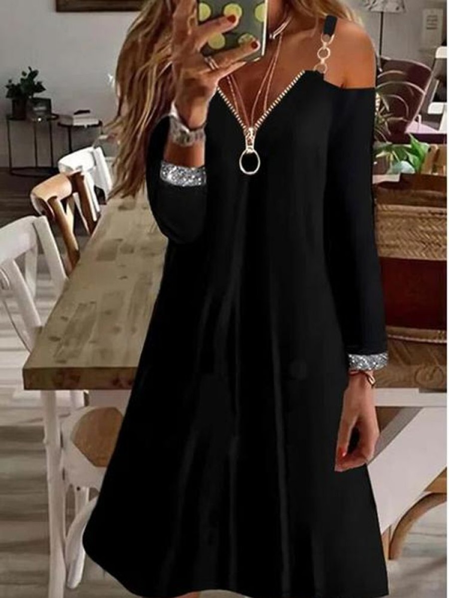 Dresses zolucky | Casual Long Sleeve V Neck Tunic Dress Black