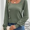 Topshot zolucky | Square Neck Buttoned Daily Plain Casual Loose H-Line Long Sleeve T-Shirt Green