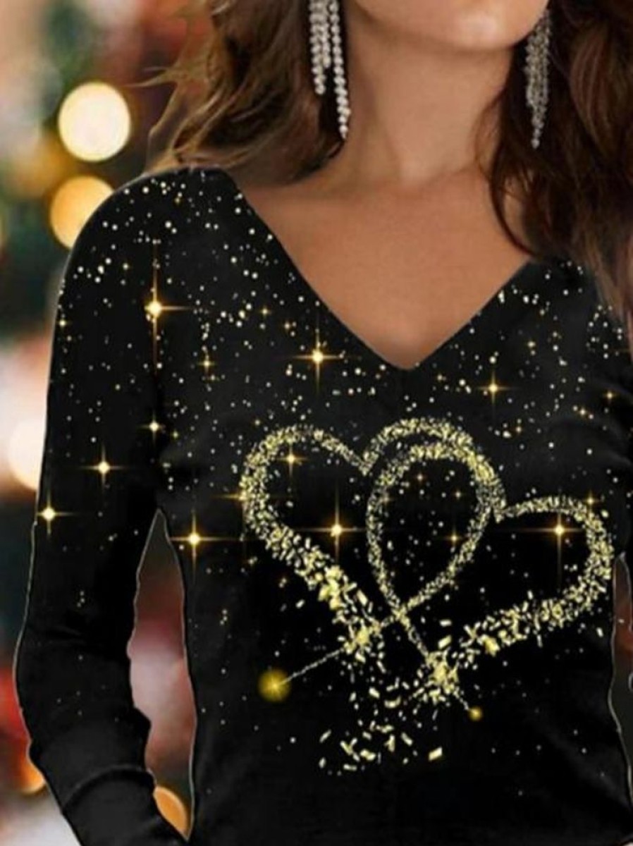 Topshot zolucky | V Neck Heart/Cordate Glitter Print Casual Loose Valentine'S Day Long Sleeve T-Shirt Black