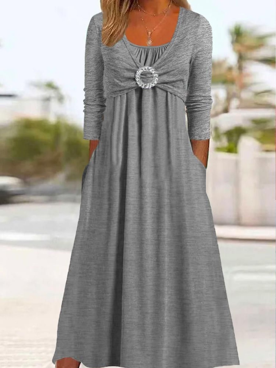 Dresses zolucky | Long Sleeve Plain Casual Dress Gray