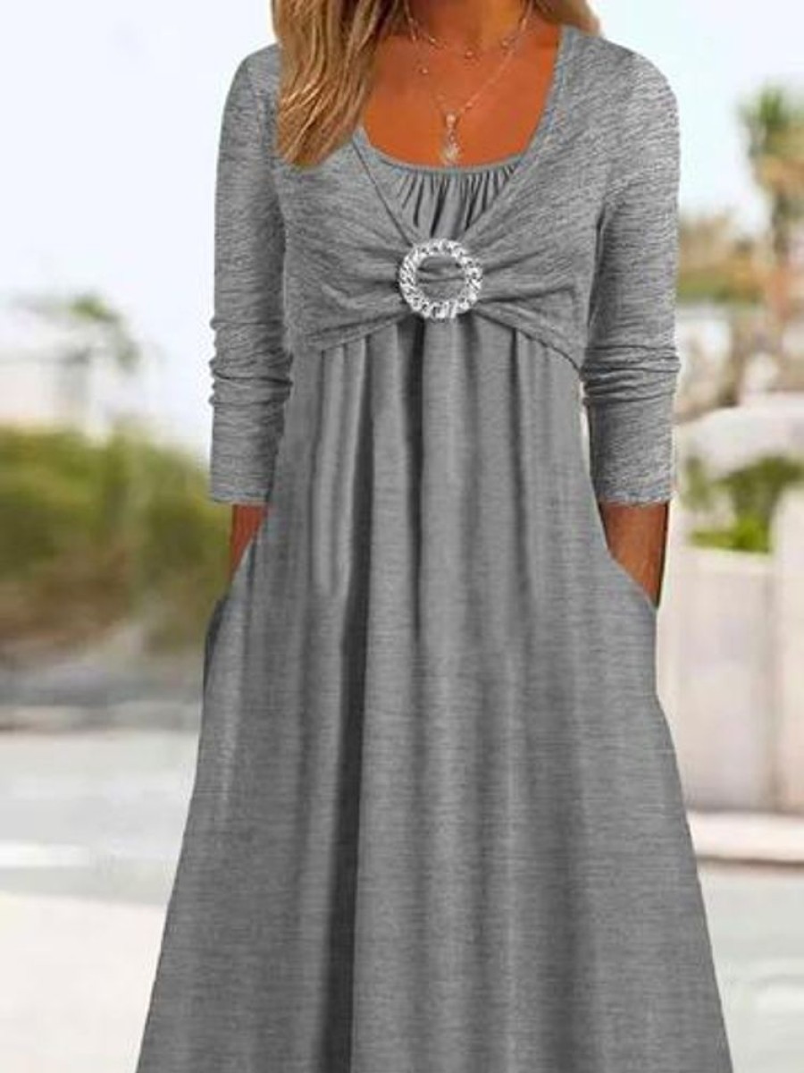 Dresses zolucky | Long Sleeve Plain Casual Dress Gray