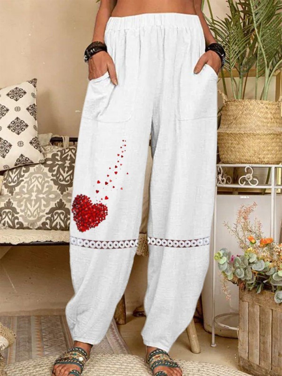 Plus&Curve zolucky | Plus Size Lace Cotton Heart Casual Pants White