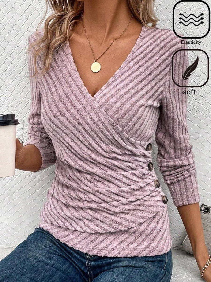 Topshot zolucky | Daily Casual Buttoned Waist Fold Design V Neck Plain Regular Fit Long Sleeve T-Shirt Purple