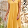 Dresses zolucky | Loose Cotton V Neck Casual Dress Yellow