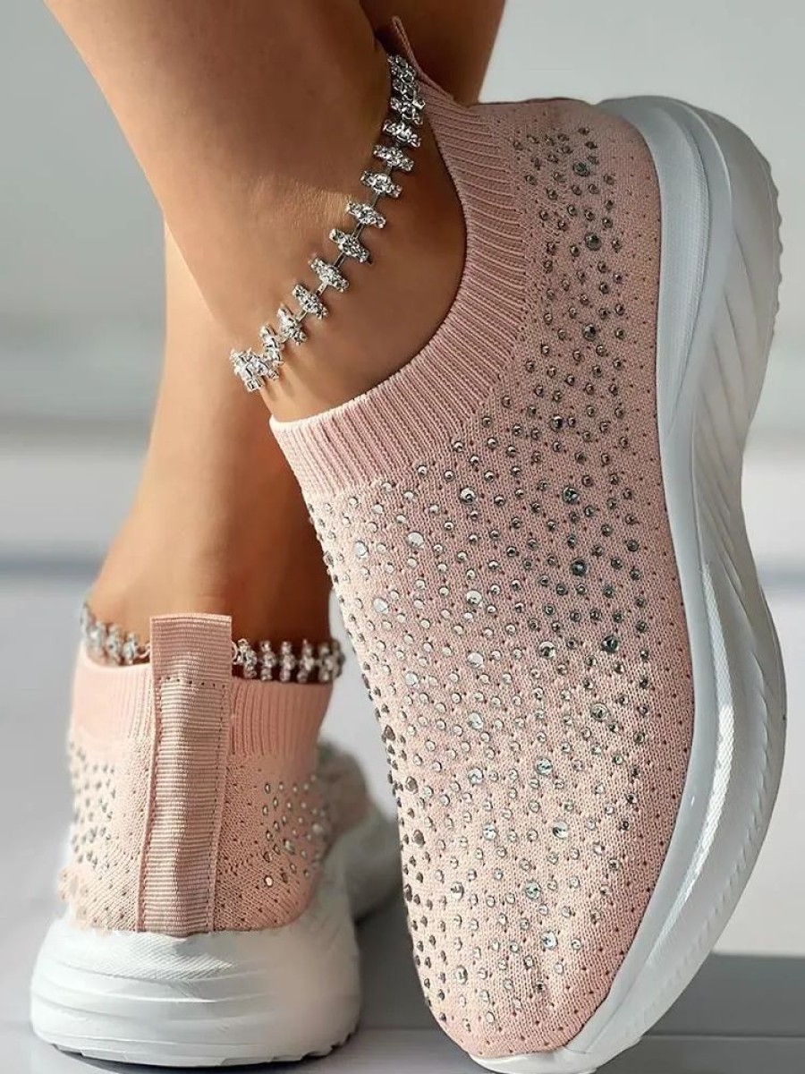 Shoes zolucky | Casual Plain Hot Drilling Mesh Fabric Flyknit Sneakers Pink