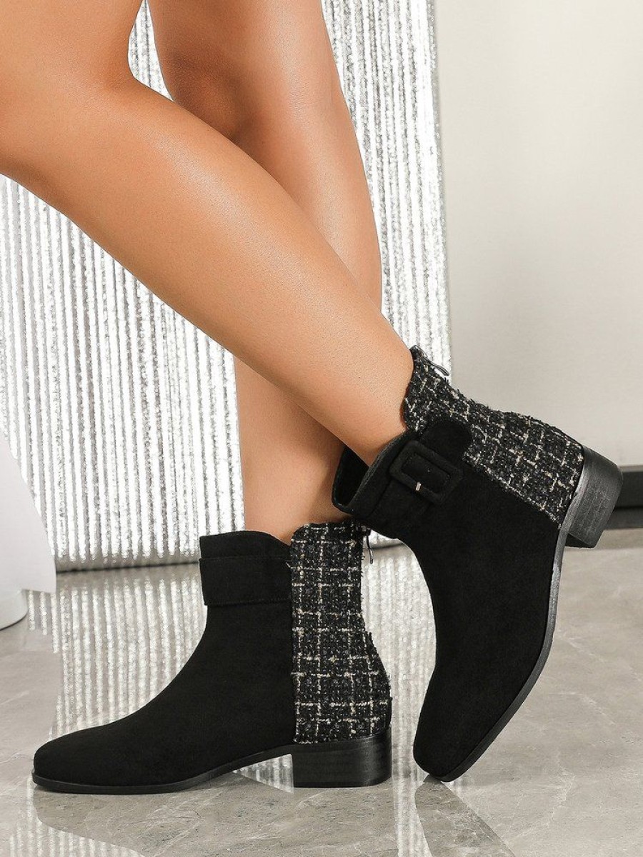 Shoes zolucky | Tweed Plaid Paneled Buckle Decor Block Heel Boots Black