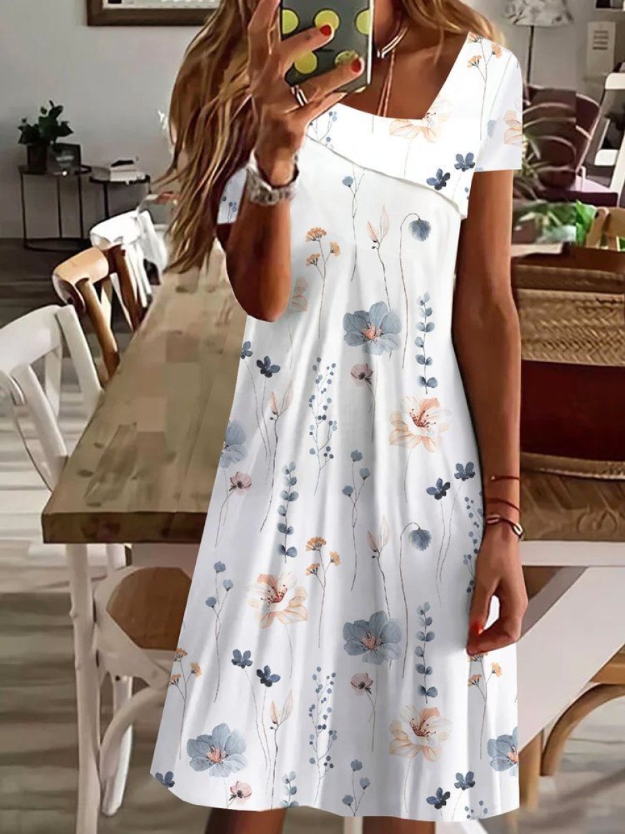 Dresses zolucky | Asymmetrical Neck Casual Floral Printed Dress