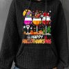 Topshot zolucky | Women'S Happy Hallo Thanks Mas Funny Three Red Wine Christmas Graphic Print Hoodie Simple Text Letters Cotton-Blend Hoodie