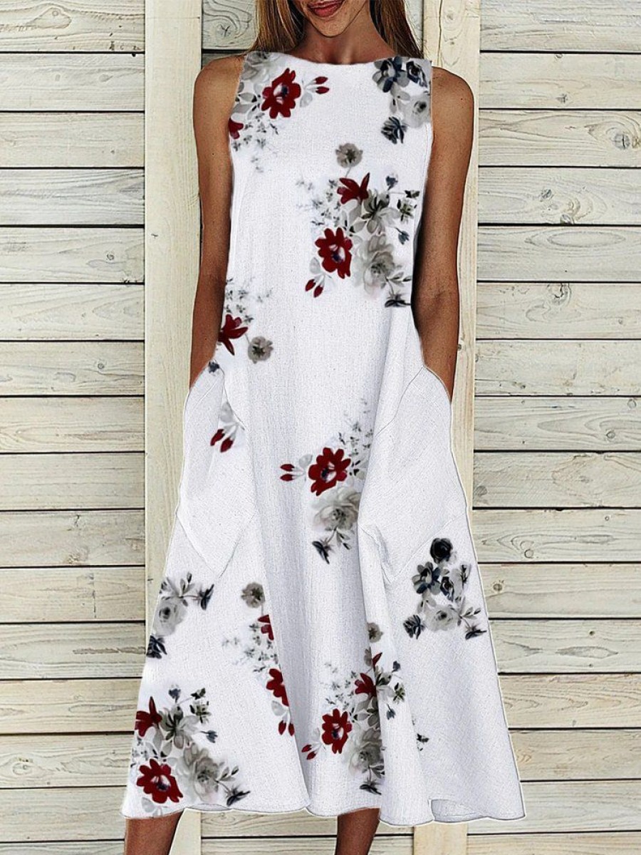 Dresses zolucky | Sleeveless Casual Shift Floral Dresses White