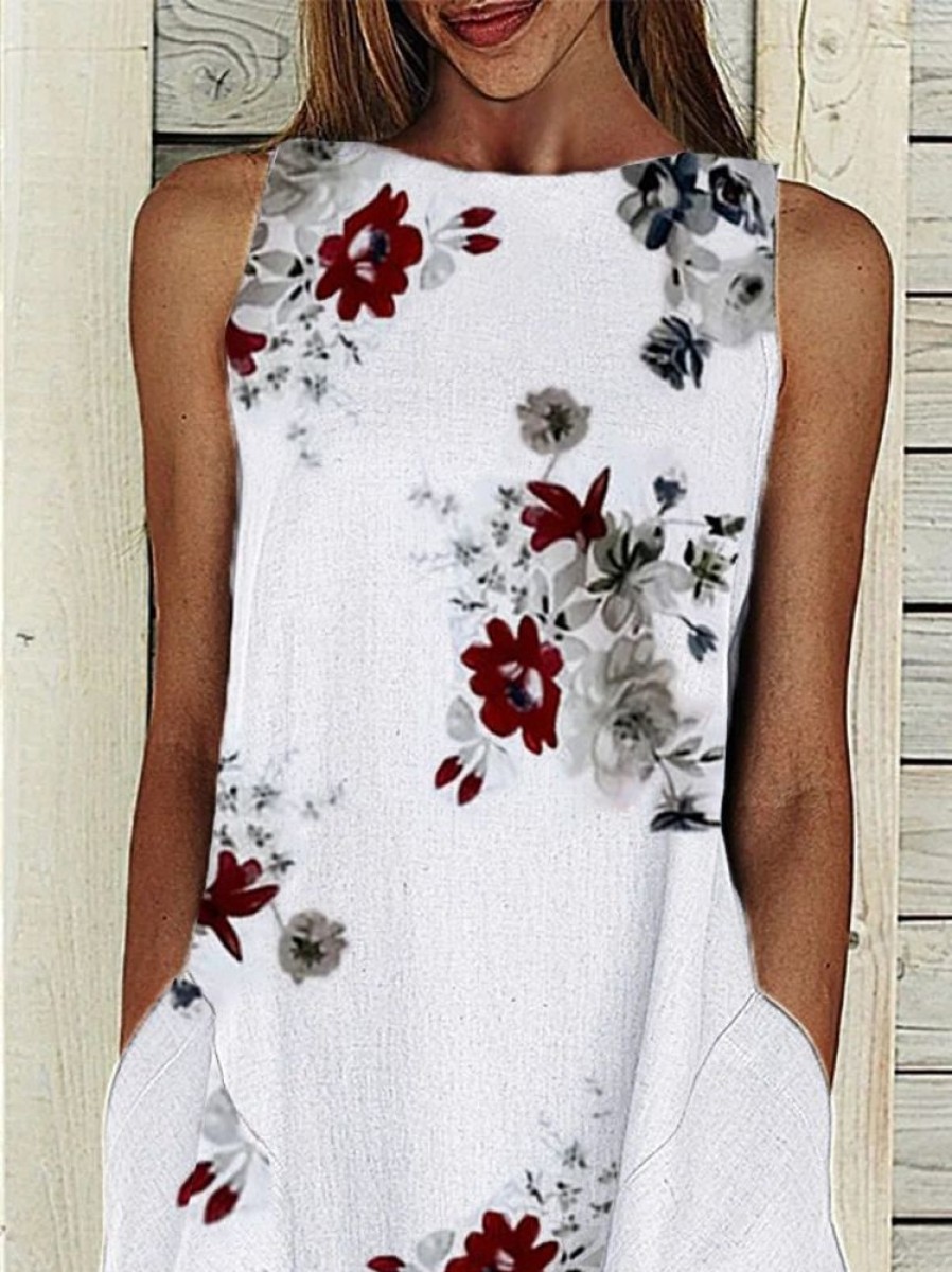 Dresses zolucky | Sleeveless Casual Shift Floral Dresses White