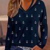 Topshot zolucky | Cut-Outs V Neck Anchor Long Sleeve Casual Shirt Navyblue