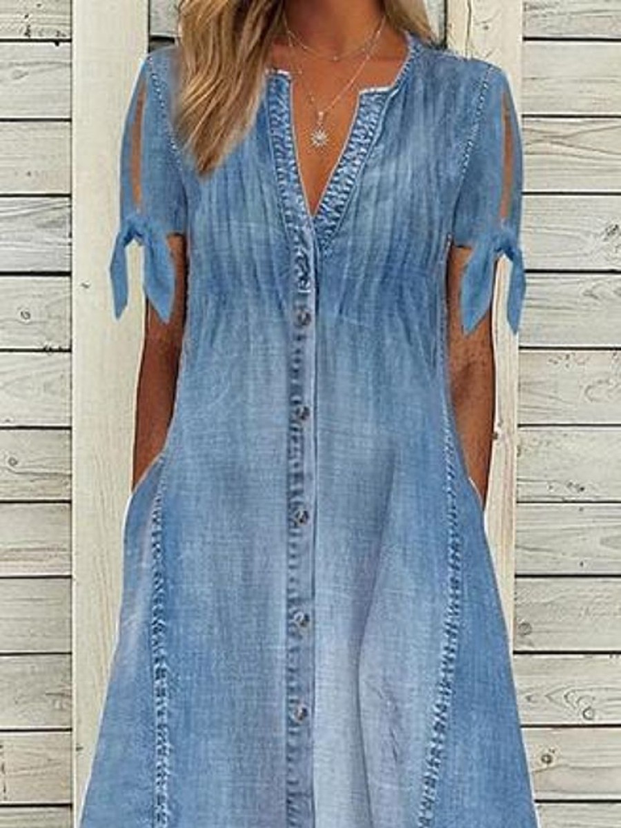 Dresses zolucky | Plain V Neck Casual Denim Dress Blue