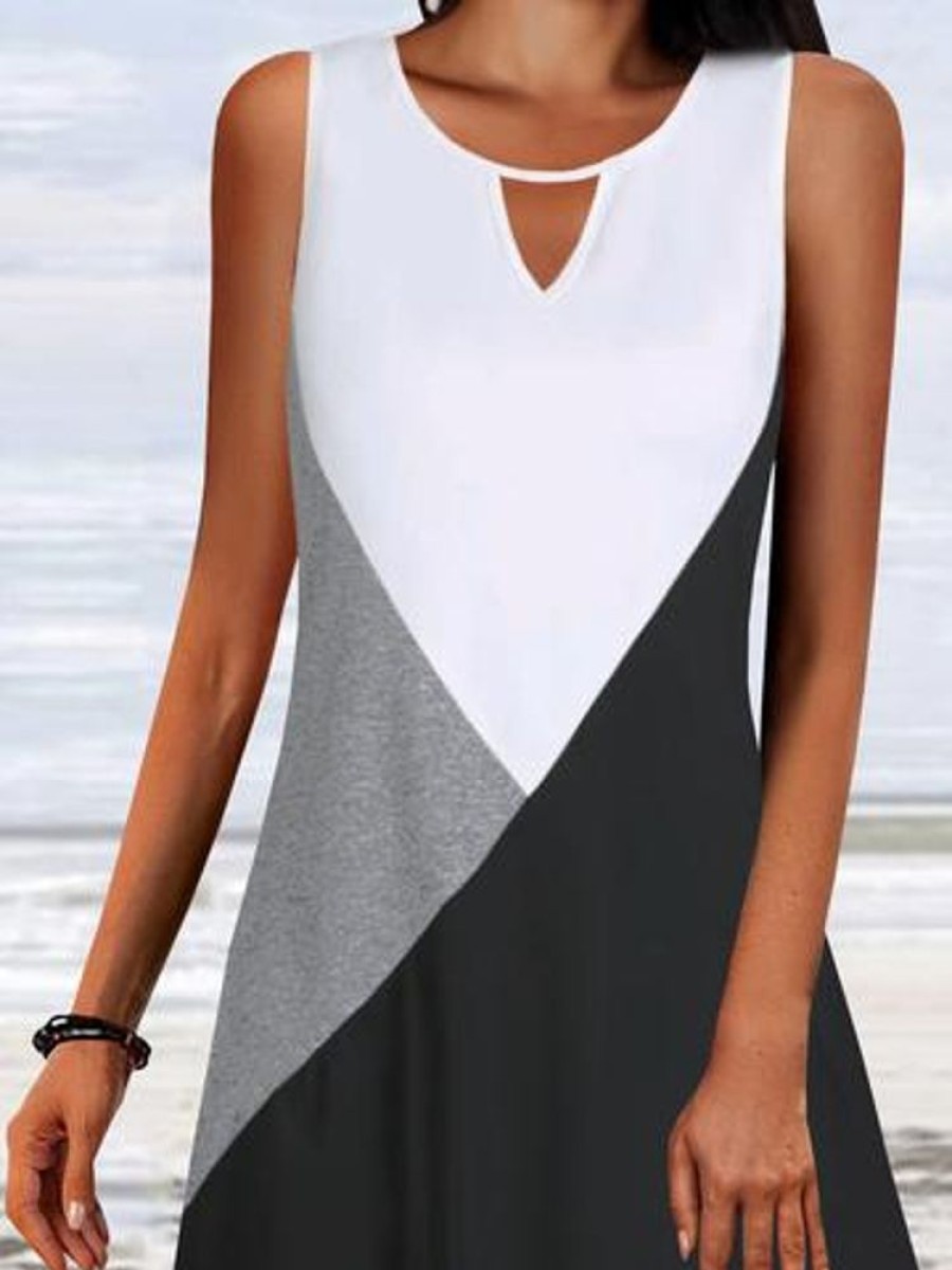 Dresses zolucky | Color Block Loosen Casual Midi Sleeveless Knitting Dress White